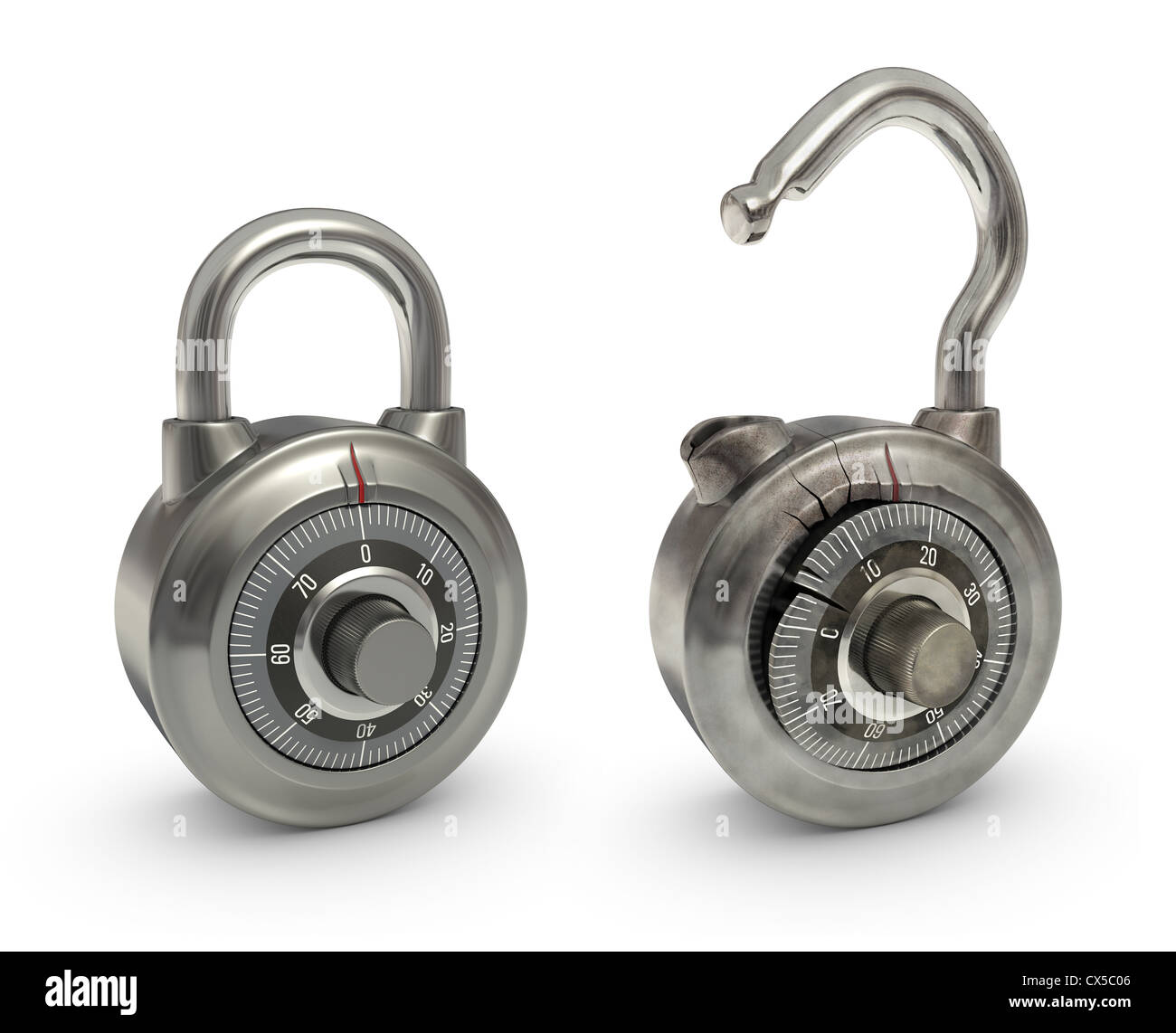 Two padlocks, one new and other broken. Both in the same position. Useful for animation overlaying the images. Stock Photo