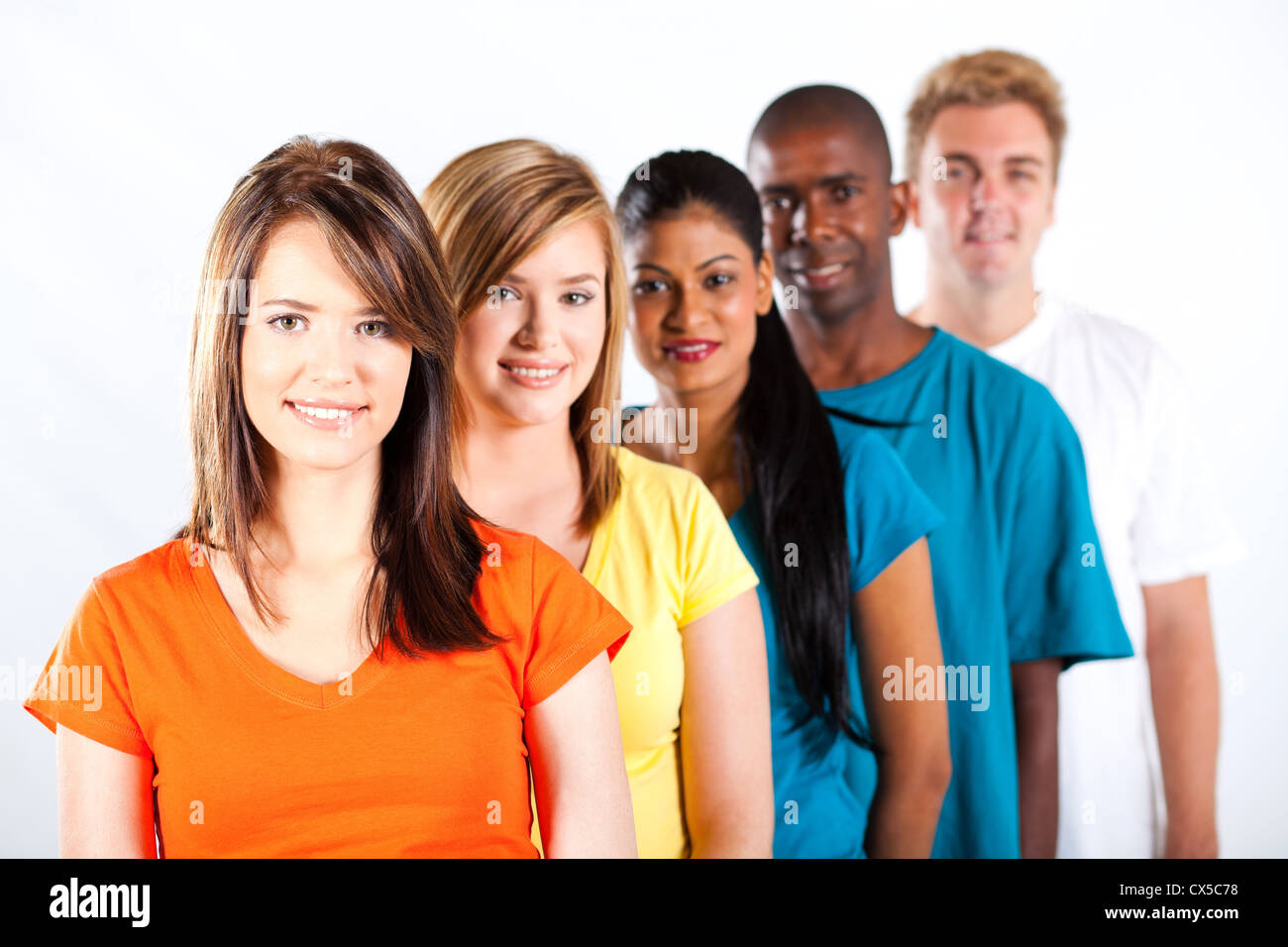 group of young multiracial people on white background Stock Photo