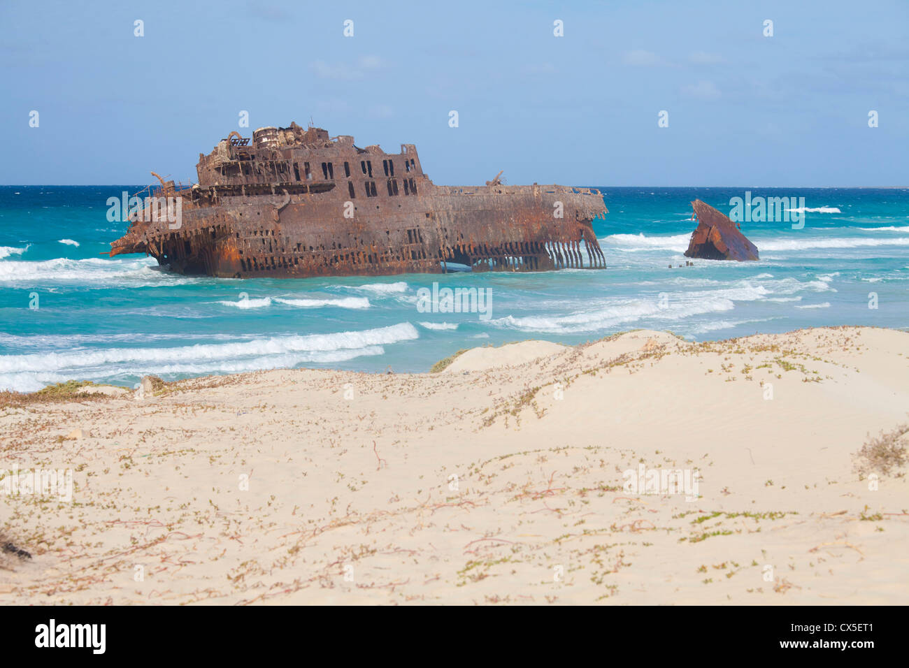 famous wreck boat on the coast of boavista in Cabo Verde Stock Photo