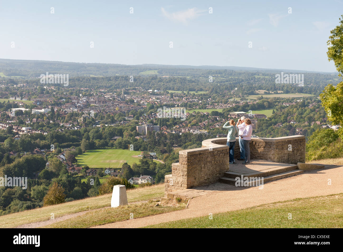 Enjoying the early morning sunny view of Dorking town from Box Hill view point at the end of summer from chalk hills Stock Photo