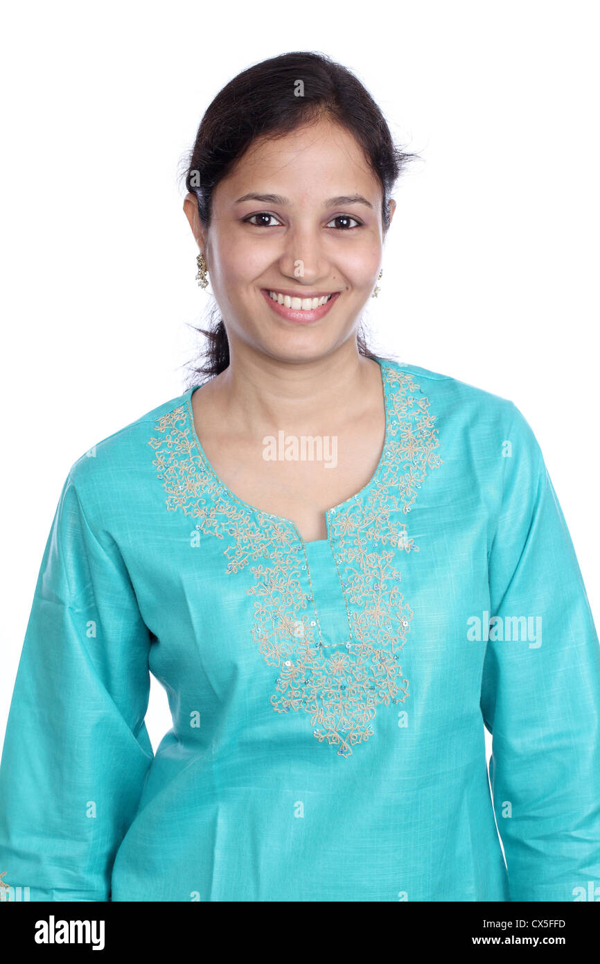 Smiling young woman against white background Stock Photo