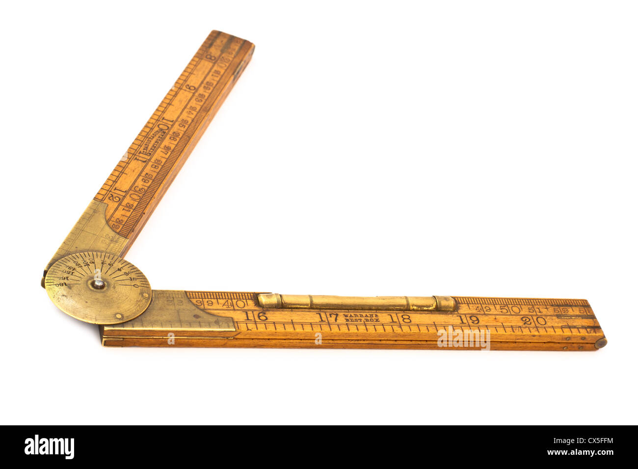 Antique folding rule brass level and protractor isolated Stock Photo