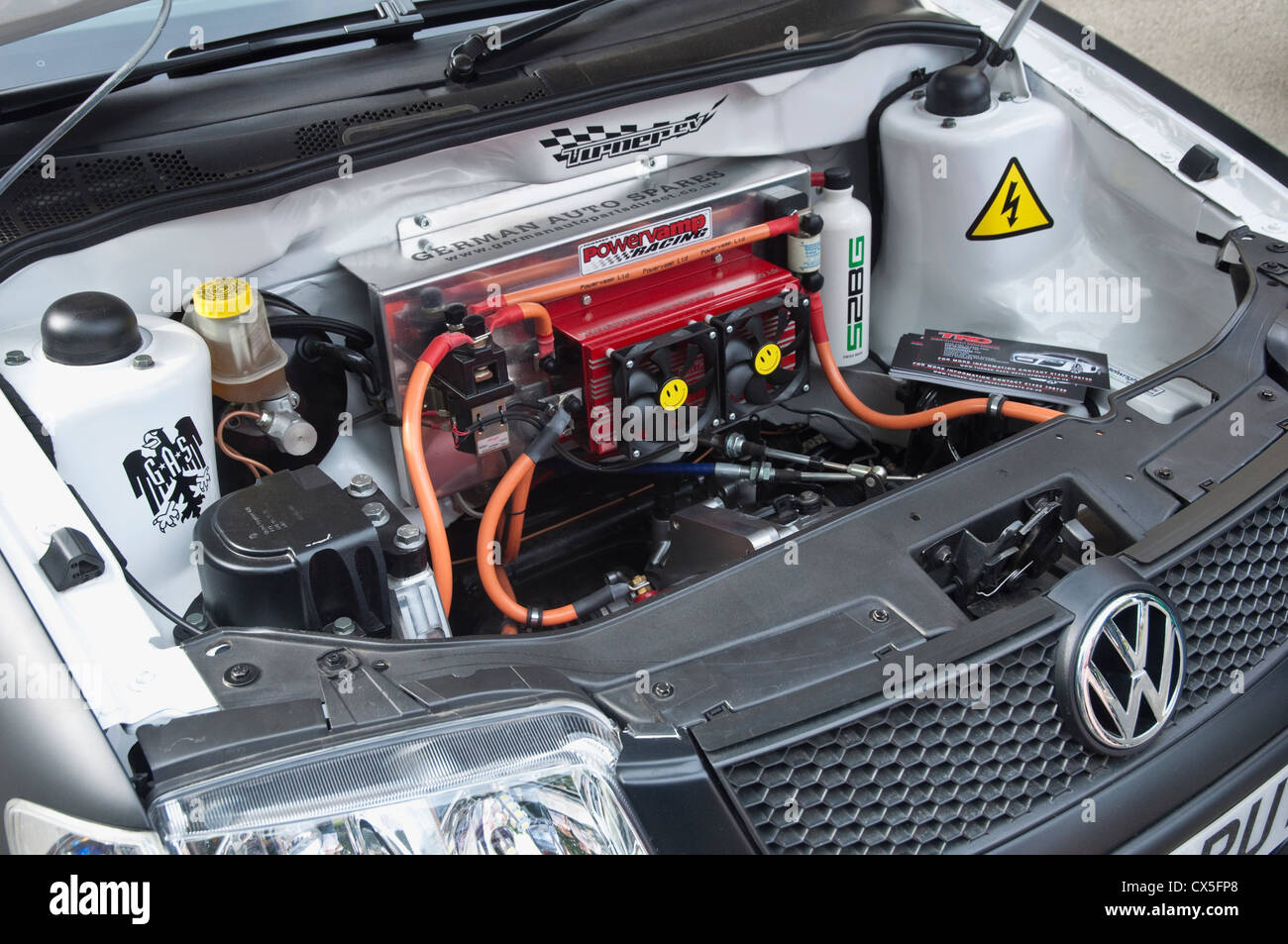 Car With Bonnet Up Showing Electric Vw Engine On Display At An Eco Stock Photo Alamy