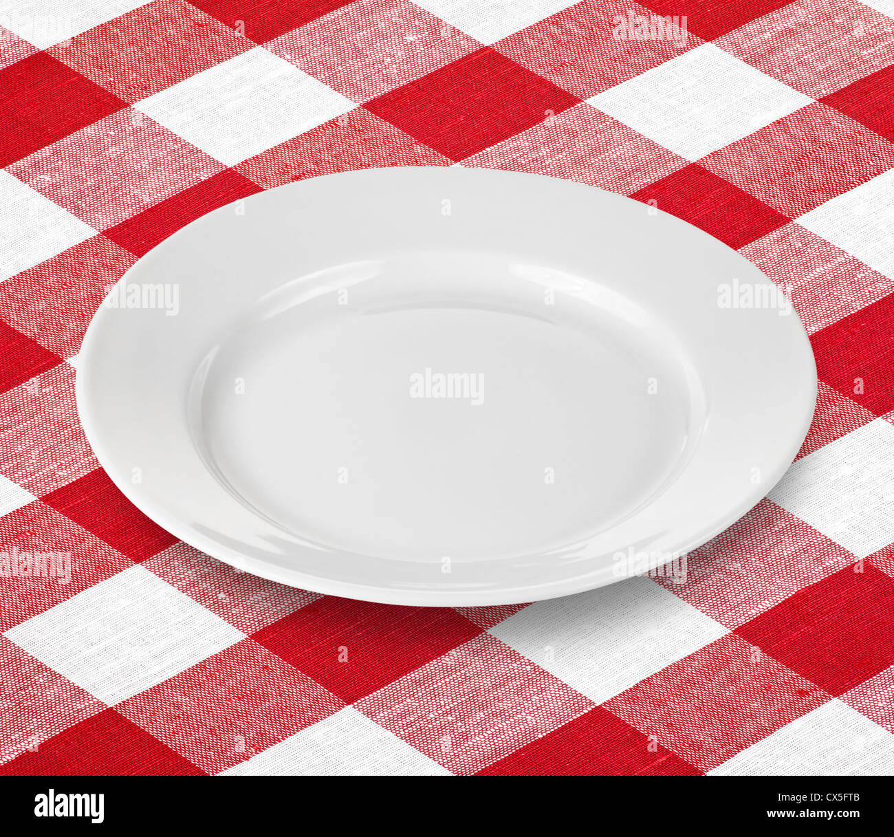 white empty plate on red gingham tablecloth Stock Photo