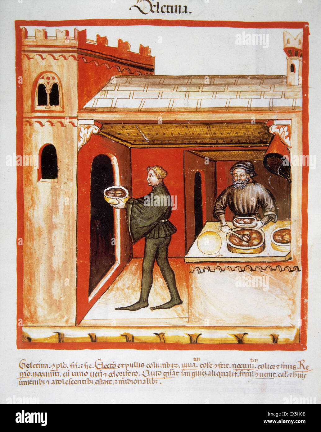 Tacuinum Sanitatis. 14th century. Medieval handbook of health. Meat aspic. Miniature. Fol. 76 r. Stock Photo