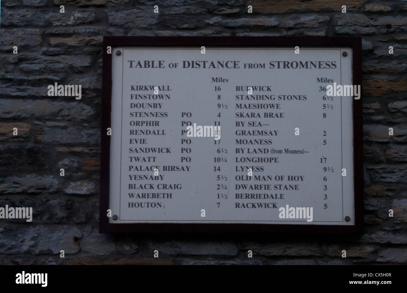 This is a table of distance of various places from Stromness Stock Photo