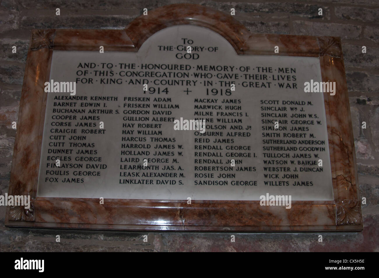 This is a memorial plaque in St Magnus Cathedral in Kirkwall, Orkney of those killed in the first world war - 1914 - 1918 Stock Photo