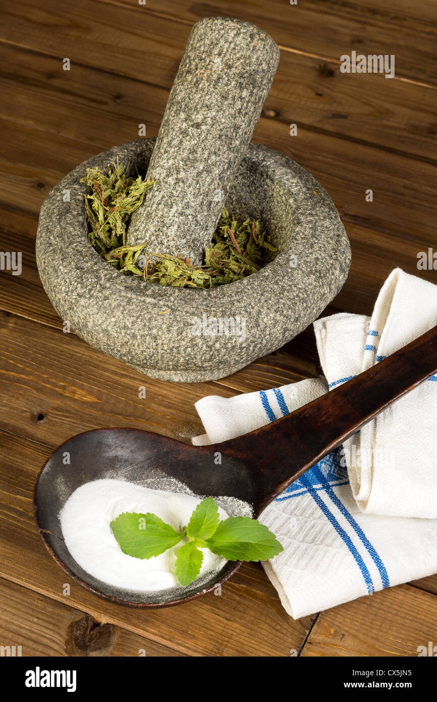 Sugar substitute Stevia as dried leaves and in processed form Stock