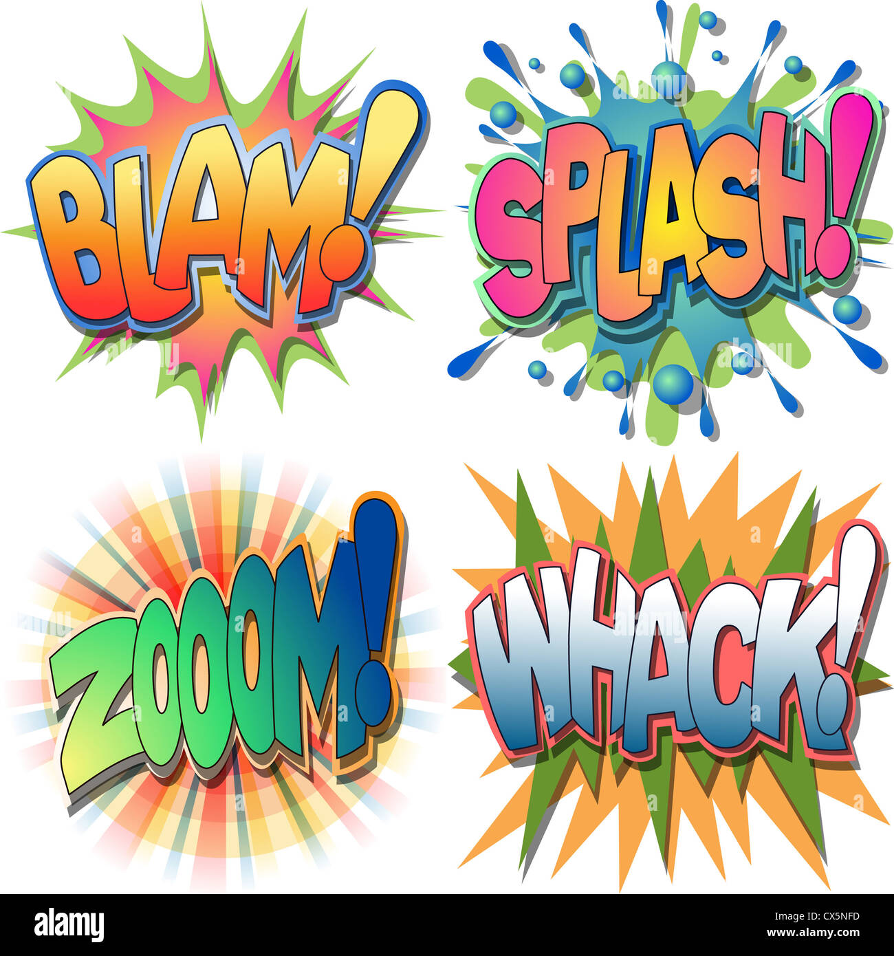 A Selection of Comic Book Exclamations and Action Word Illustrations,Blam, Splash,Zoom, Whack Stock Photo