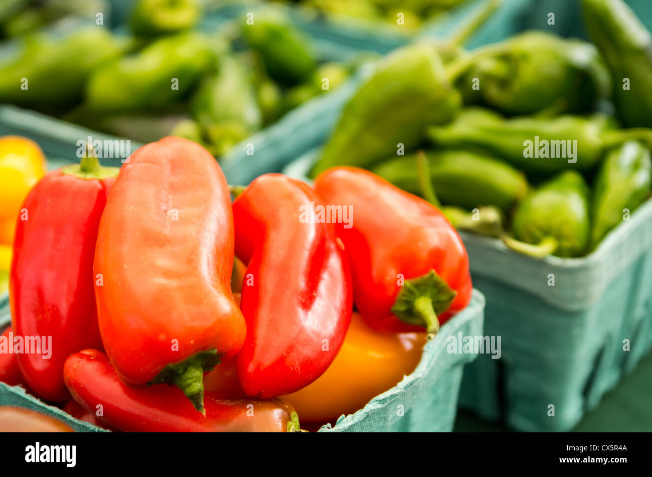 Red peppers on display in boxes at the market Stock Photo - Alamy