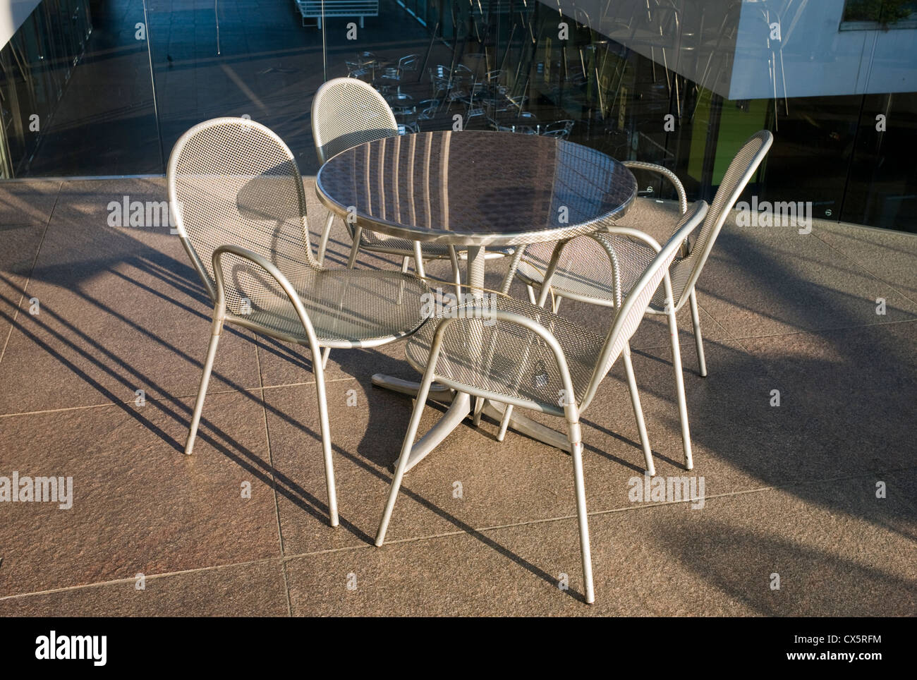 Stainless metal table and chairs in California Plaza,South Grand Avenue, Bunker Hill District, Los Angeles, California, USA Stock Photo