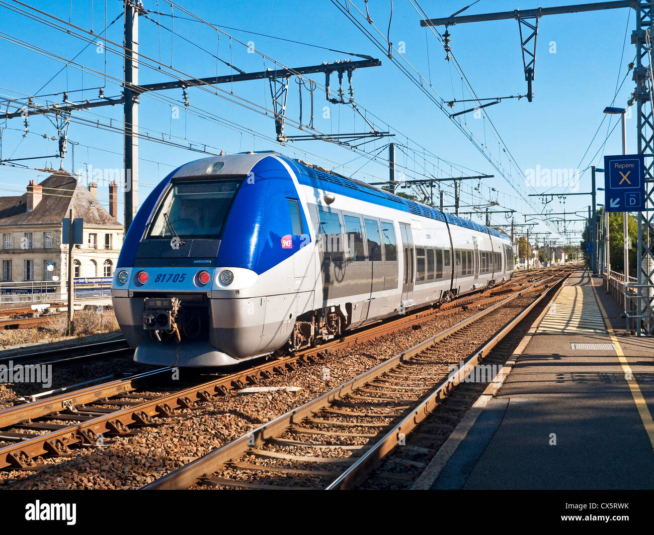 French Bombardier commuter express train leaving station - France. Stock Photo