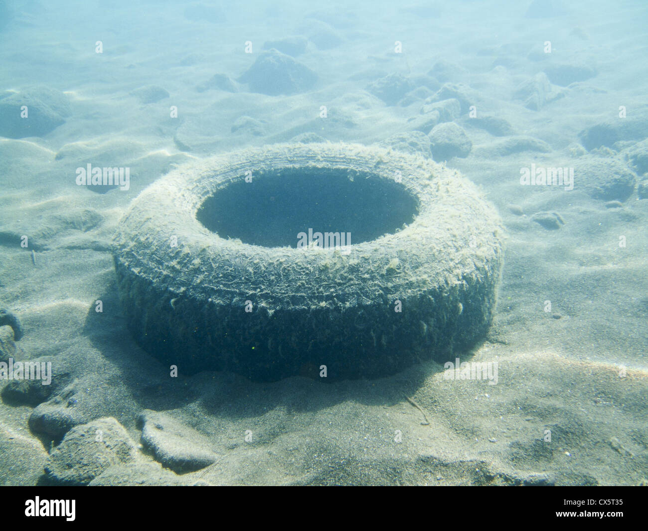 car tire into a lake, underwater view Stock Photo