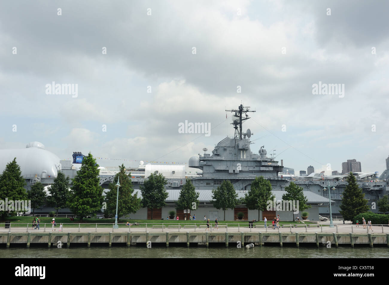 The USS Intrepid, an aircraft carrier built during World War II for the U.S. Navy, is now on exhibit in midtown Manhattan. Stock Photo