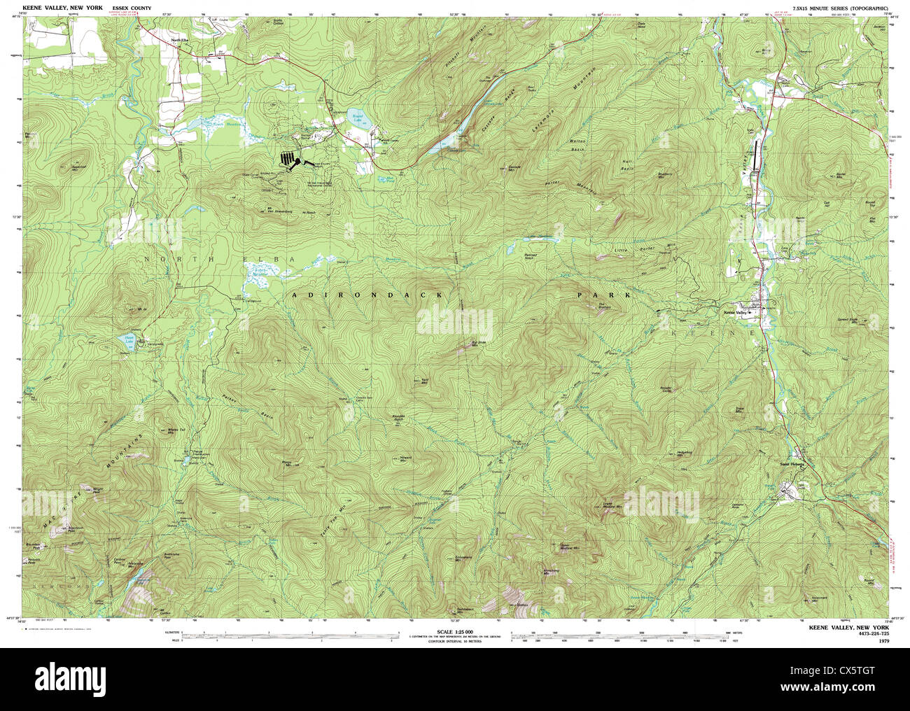 Highly detailed view of the 1979 topographic map for Keene Valley, NY Stock Photo