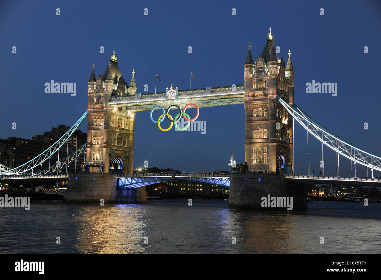 The Olympic rings displayed on Tower Bridge during the London 2012 Olympic Games. Stock Photo