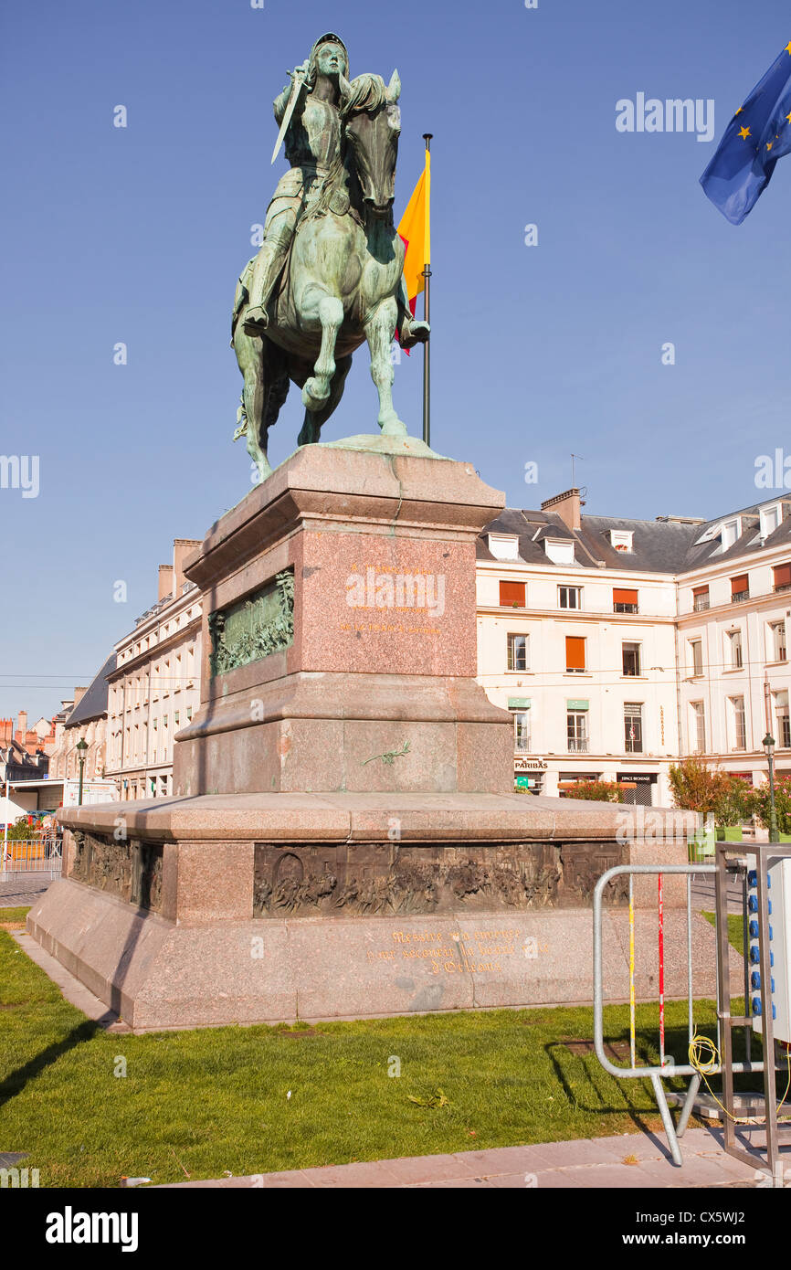A statue of Joan of Arc riding her horse in Place du Martroi, Orleans