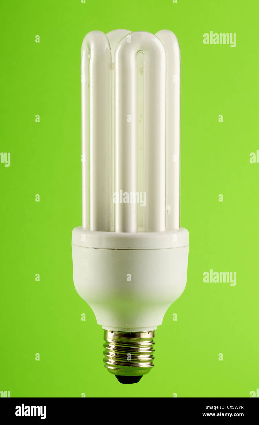 Compact fluorescent lamp on green background. Energy saving light bulb ...