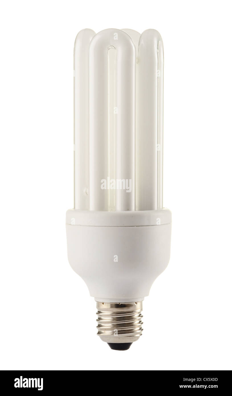 Compact fluorescent lamp on green background. Energy saving light bulb ...