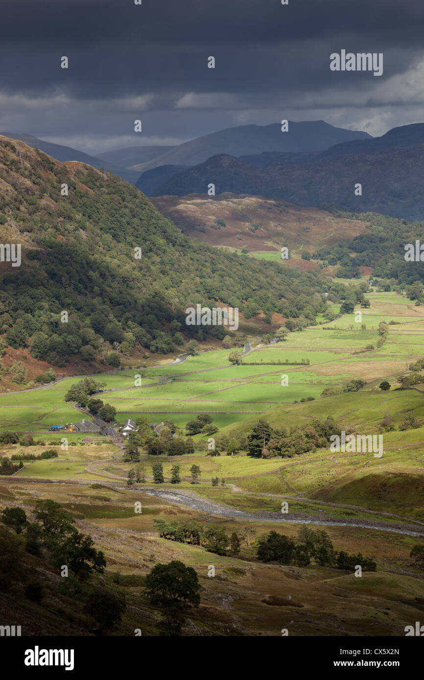 Looking towards Seathwaite from Greenhow Knott, near Seathwaite Fell, Lake District, Cumbria Stock Photo