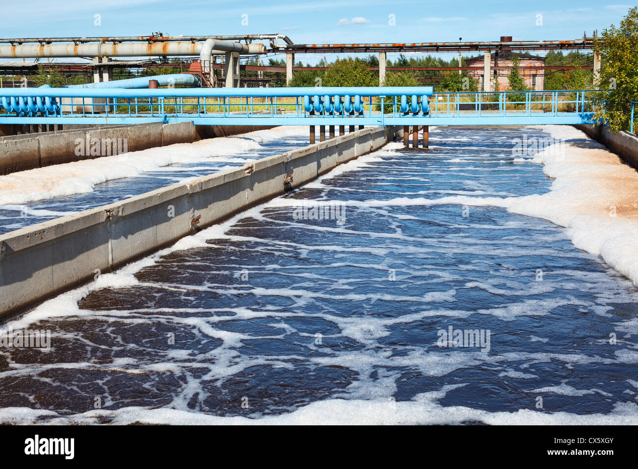 Water treatment tank with waste water with aeration process Stock Photo