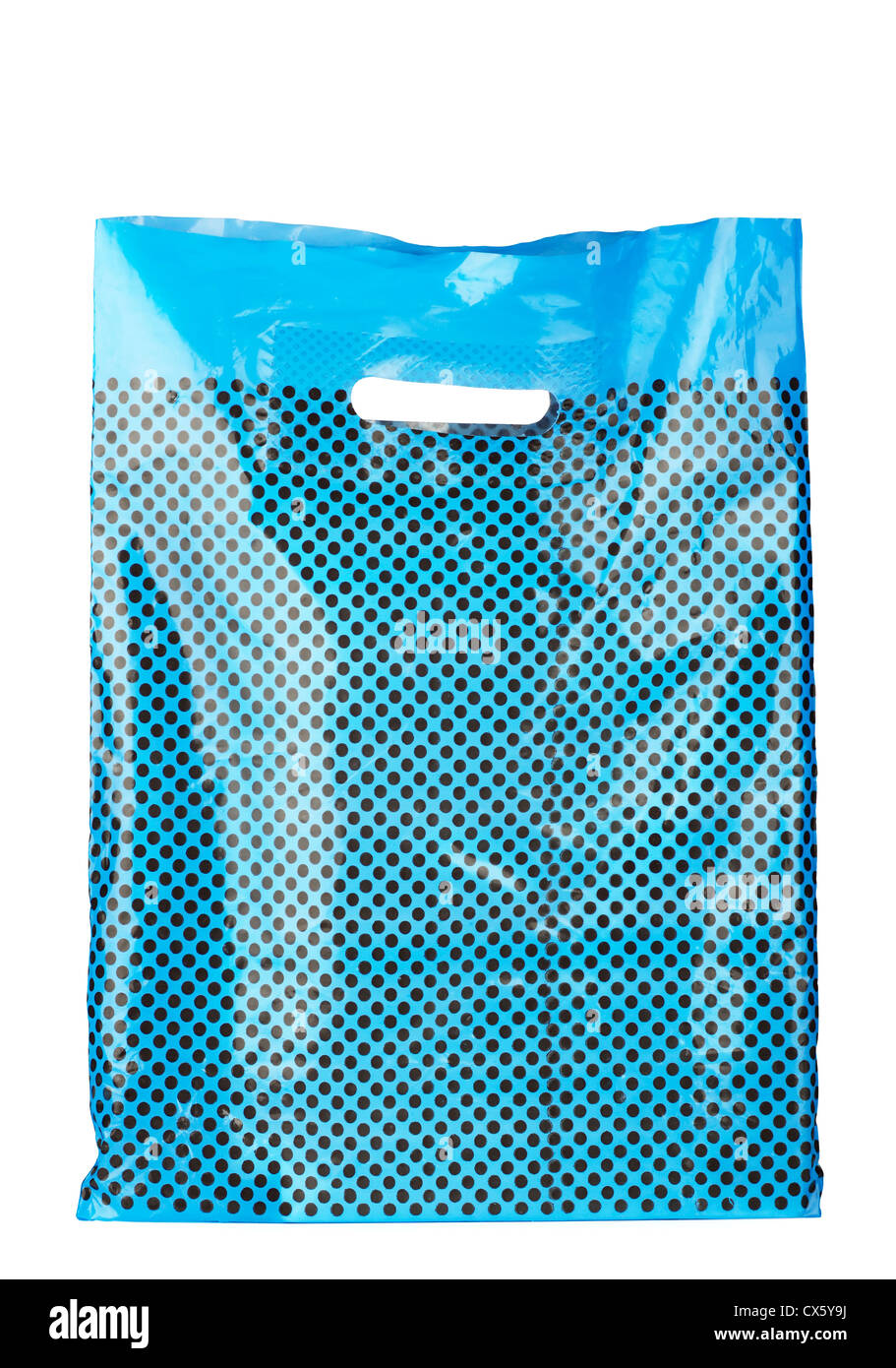 Blue spotted plastic shopping bag isolated on white Stock Photo