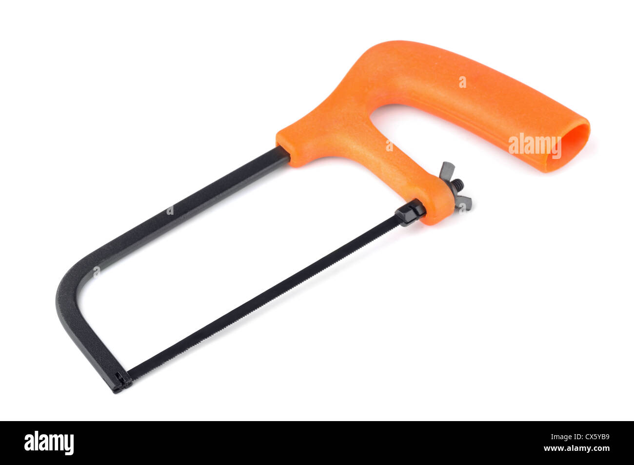 Junior hacksaw with orange plastic handle isolated on white Stock Photo