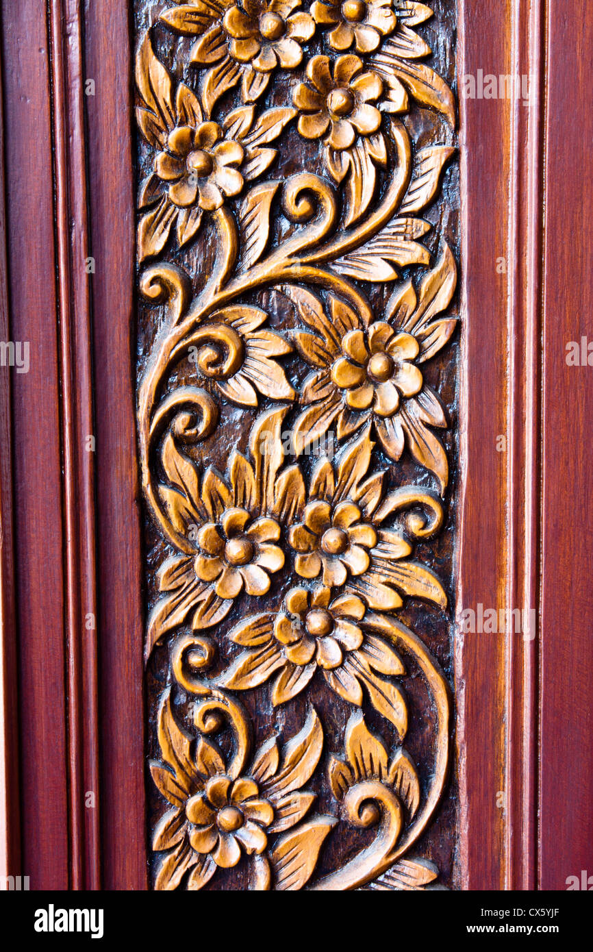 wood carving of flower and leaf Stock Photo