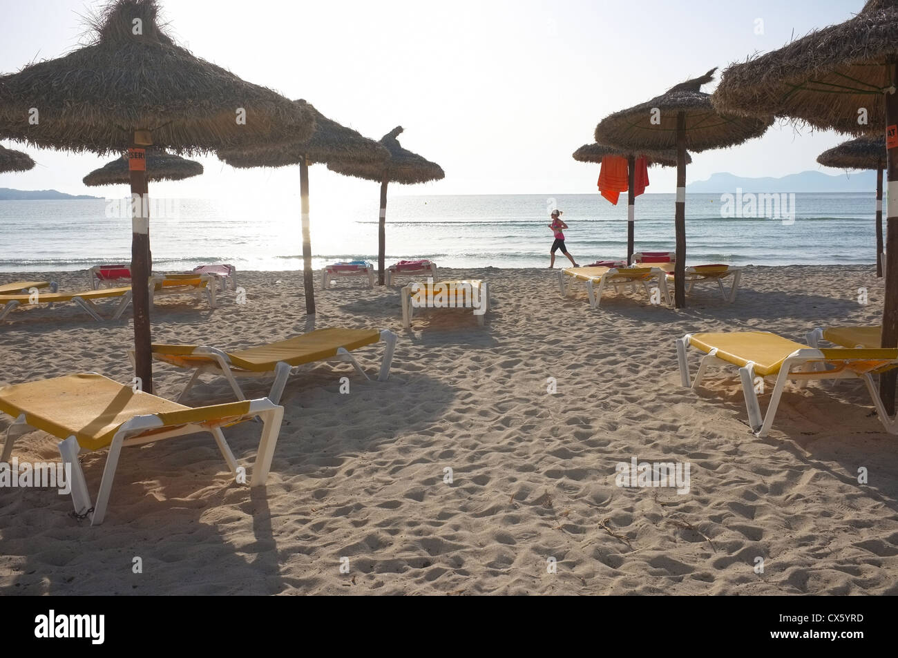 a lone runner runs on the golden sands of Alcudia beach past the sun shades and chairs Stock Photo