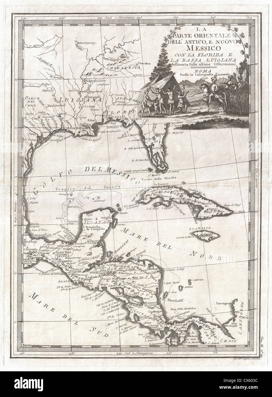 1798 Cassini Map of Florida, Louisiana, Cuba, and Central America Stock Photo