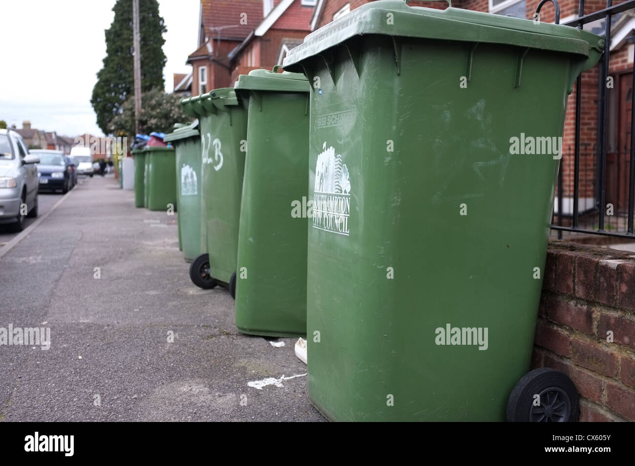 Southampton council wheelie rubbish bins outside in the street Stock Photo Alamy