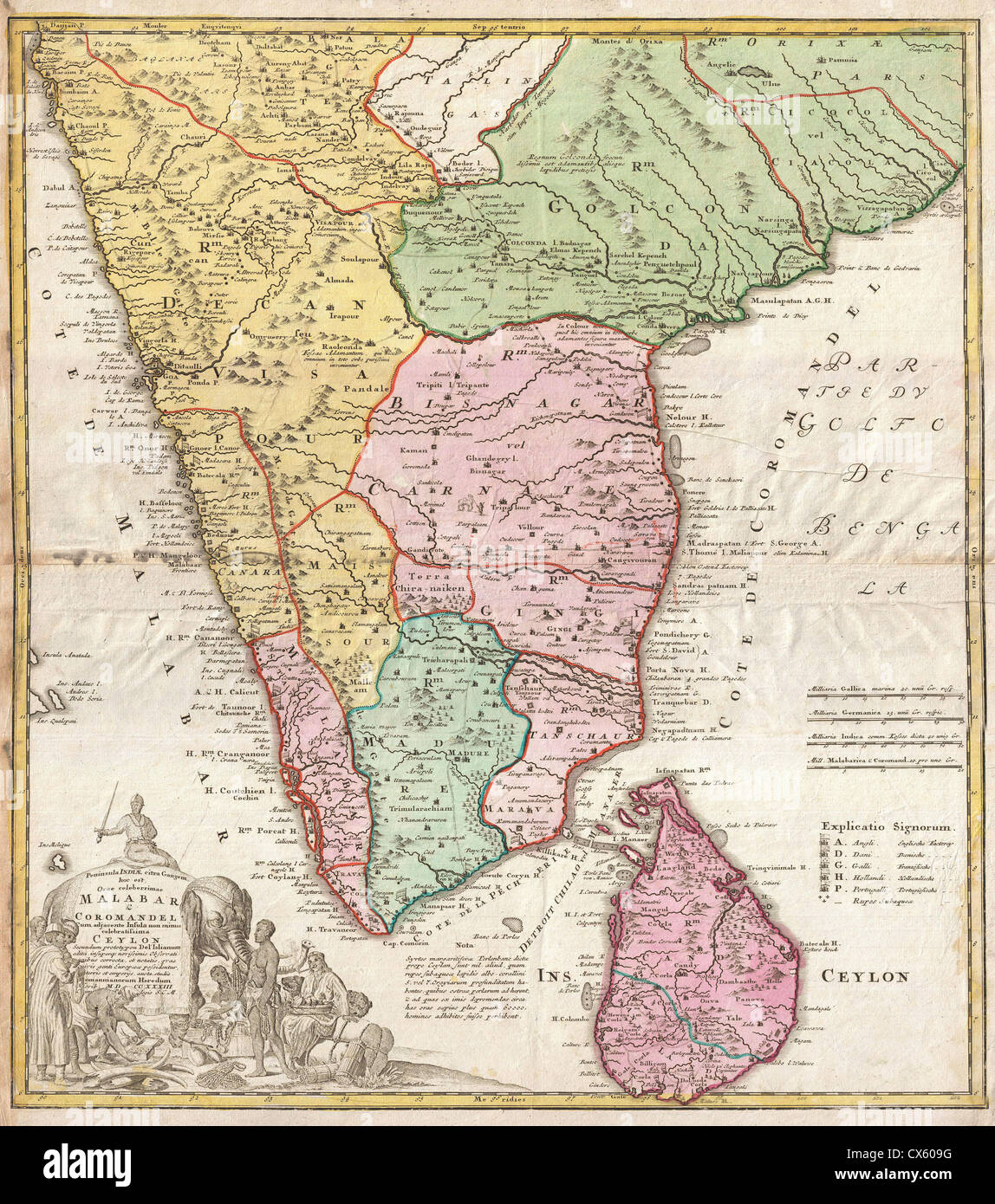 1733 Homann Heirs Map of India Stock Photo