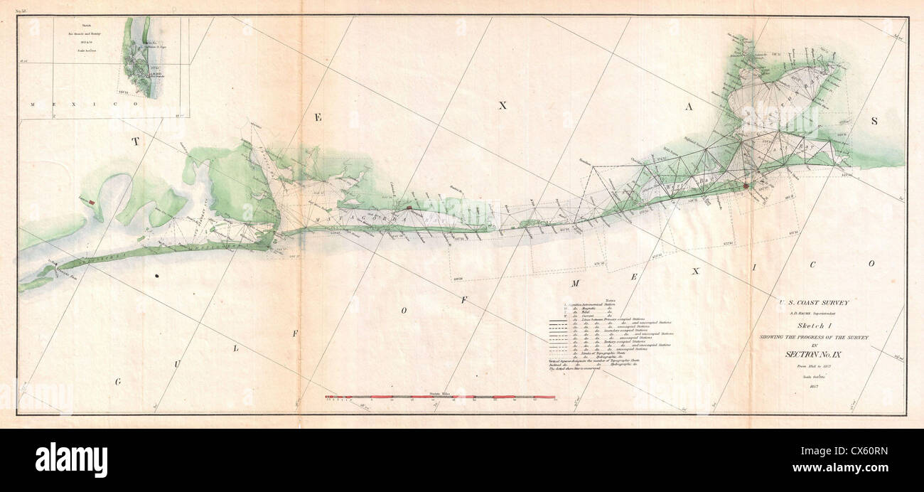 1857 U.S. Coast Survey Triangulation Map of Matagorda Bay to Galveston Bay, Texas Stock Photo