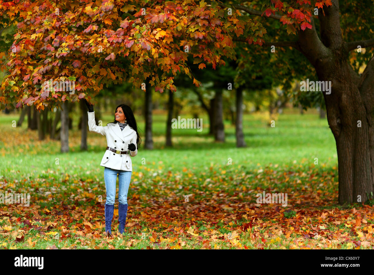 woman in yellow autumn park Stock Photo - Alamy