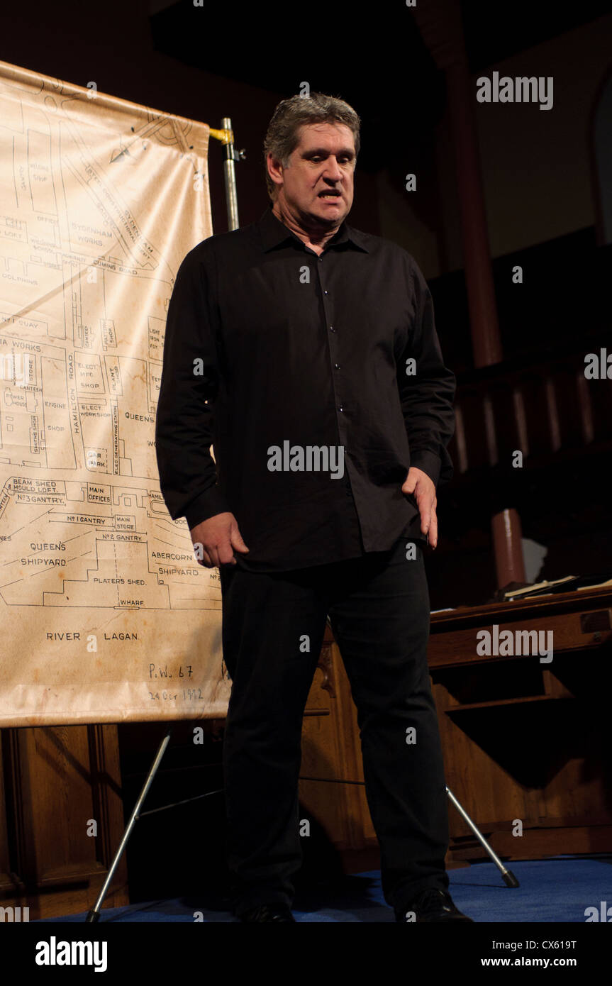 Dan Gordon gives talk for east belfast arts festival for titanic festival in the westbourne shipyard church on newtownards road. Stock Photo