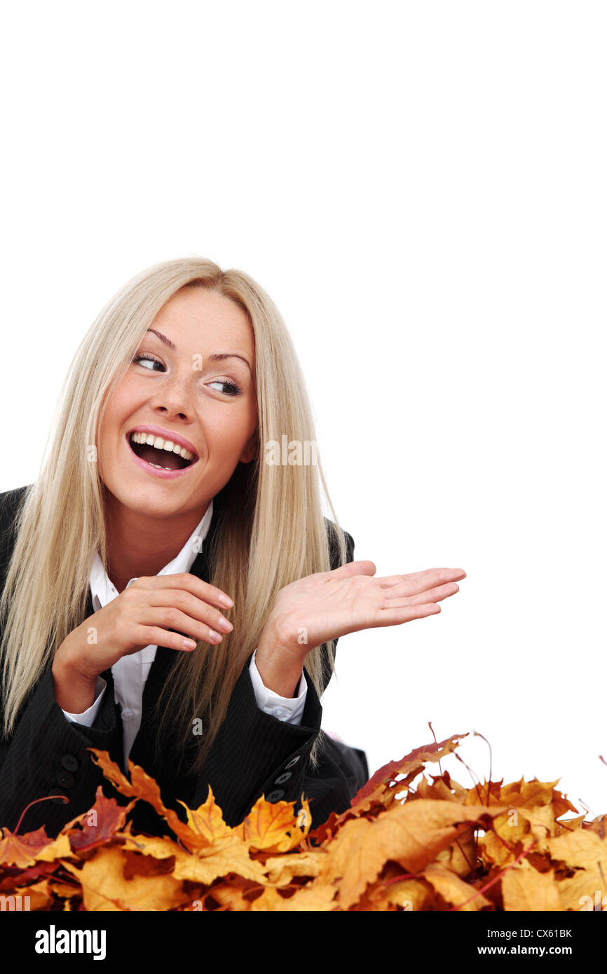 studio portrait of autumn business woman in yellow leaves Stock Photo ...