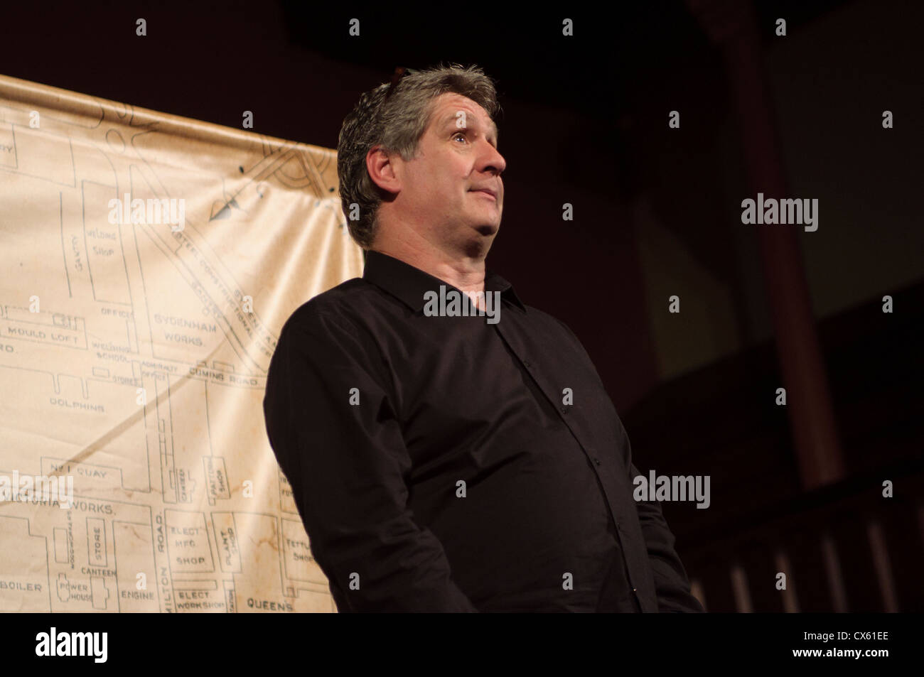 Dan Gordon gives talk for east belfast arts festival for titanic festival in the westbourne shipyard church on newtownards road. Stock Photo