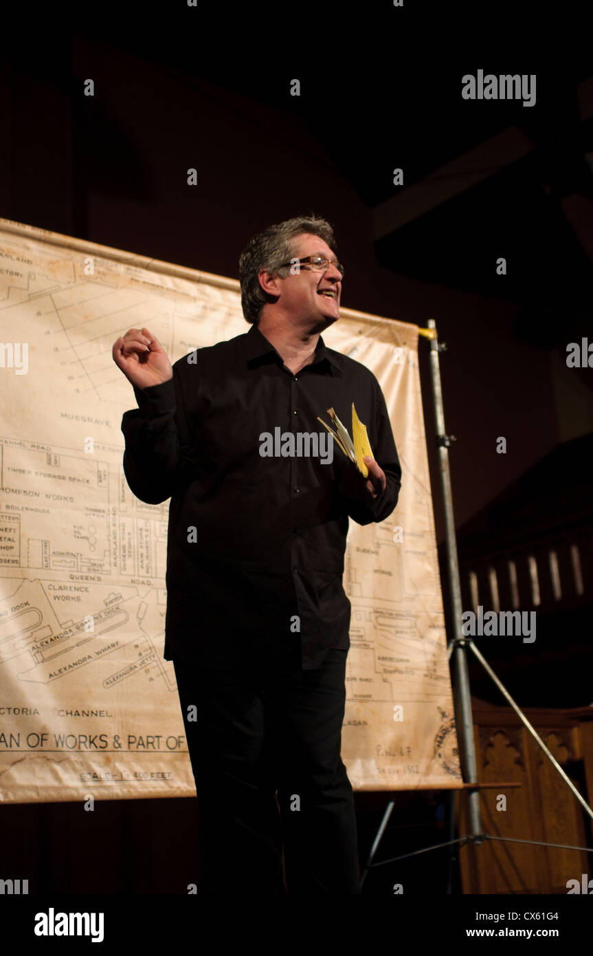 Dan Gordon gives talk for east belfast arts festival for titanic festival in the westbourne shipyard church on newtownards road. Stock Photo