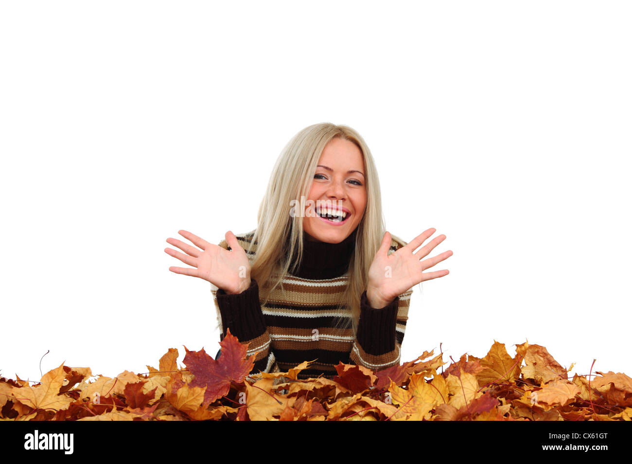 studio portrait of autumn woman in yellow leaves Stock Photo - Alamy