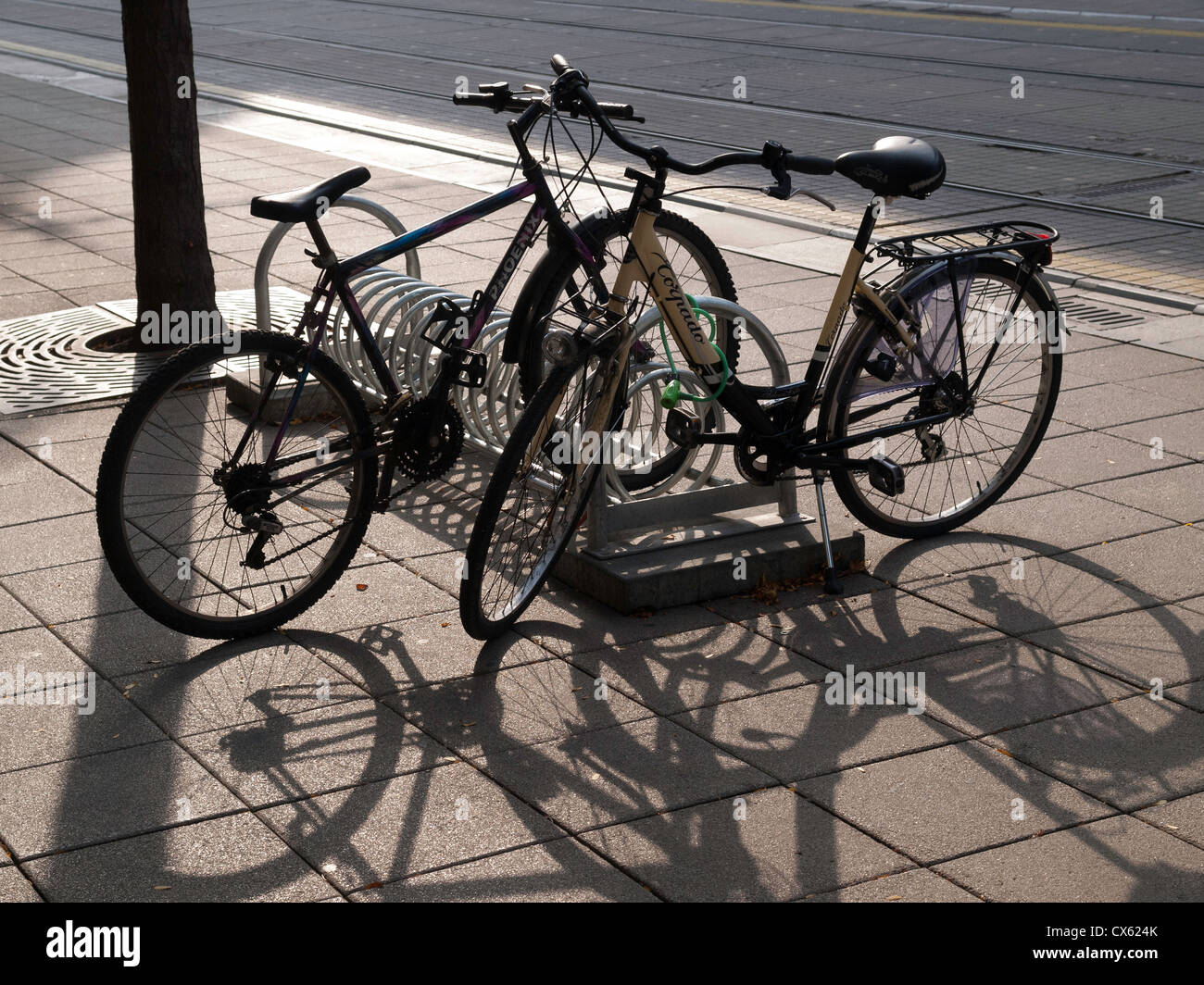 Bicycles on a stand at street of Zagreb Stock Photo