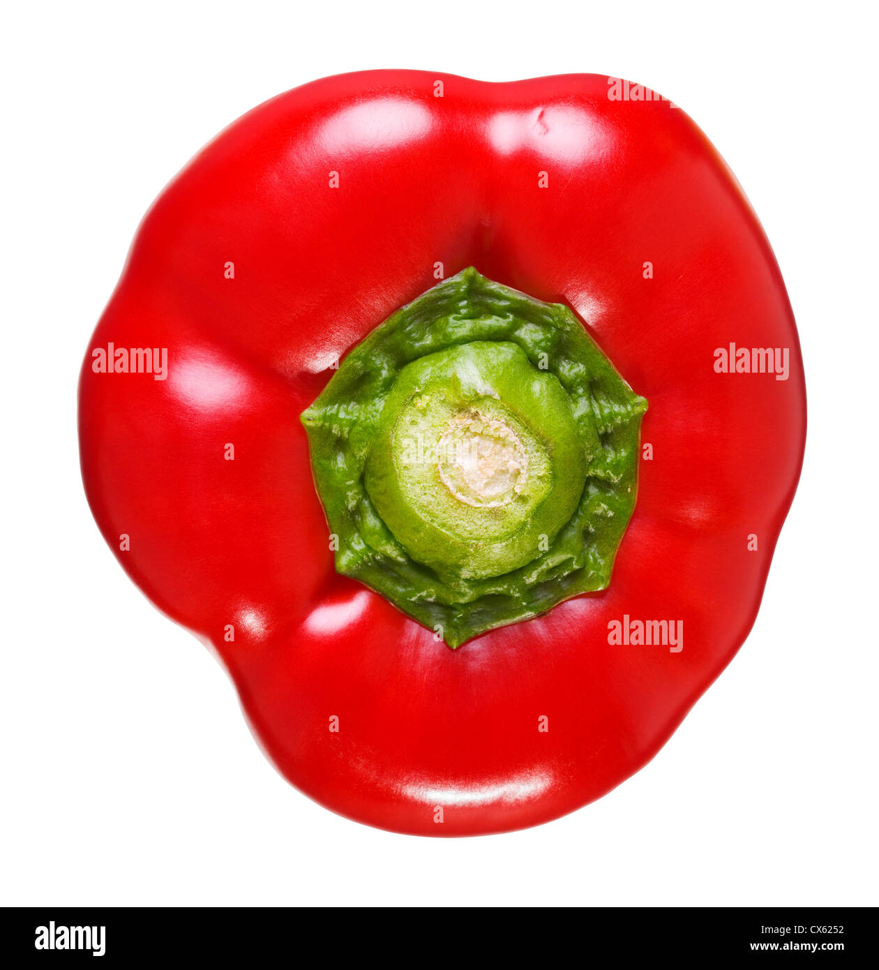Close up of a red pepper isolated on white background, stitched Stock Photo