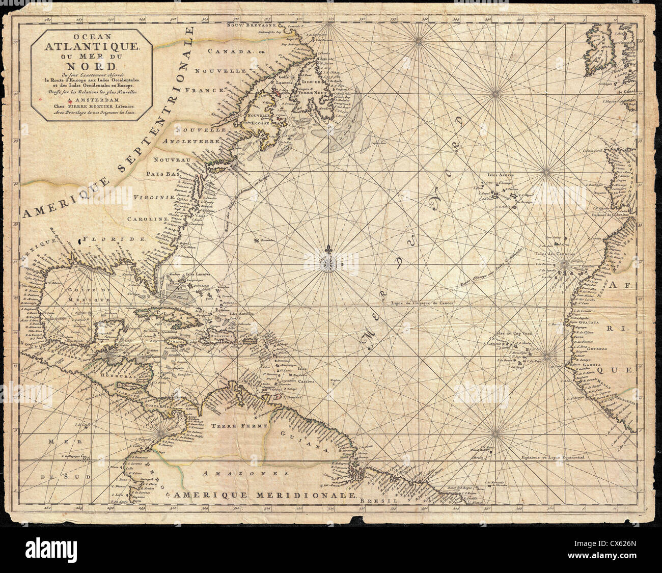 1683 Mortier Map of North America, the West Indies, and the Atlantic Ocean Stock Photo