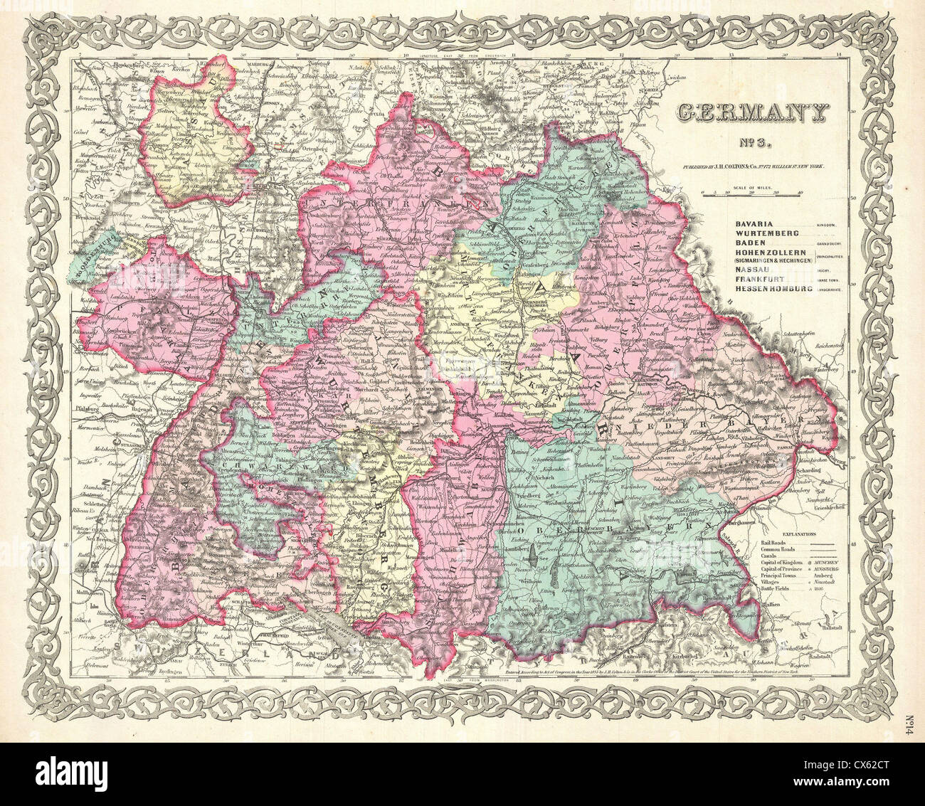 1855 Colton Map of Bavaria, Wurtemberg and Baden, Germany Stock Photo