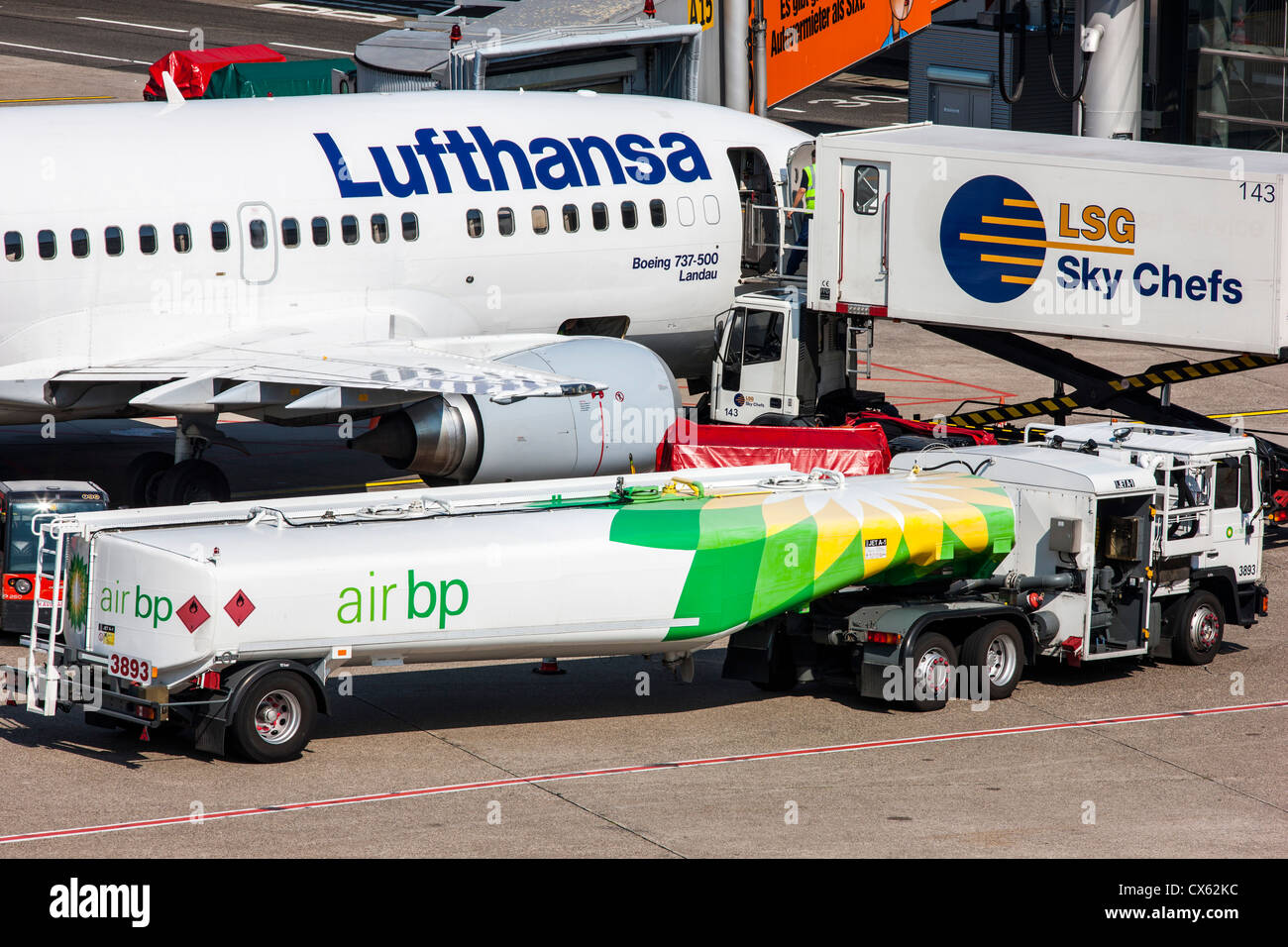 Ground handling of air planes at Düsseldorf International Airport. Germany, Europe. Stock Photo