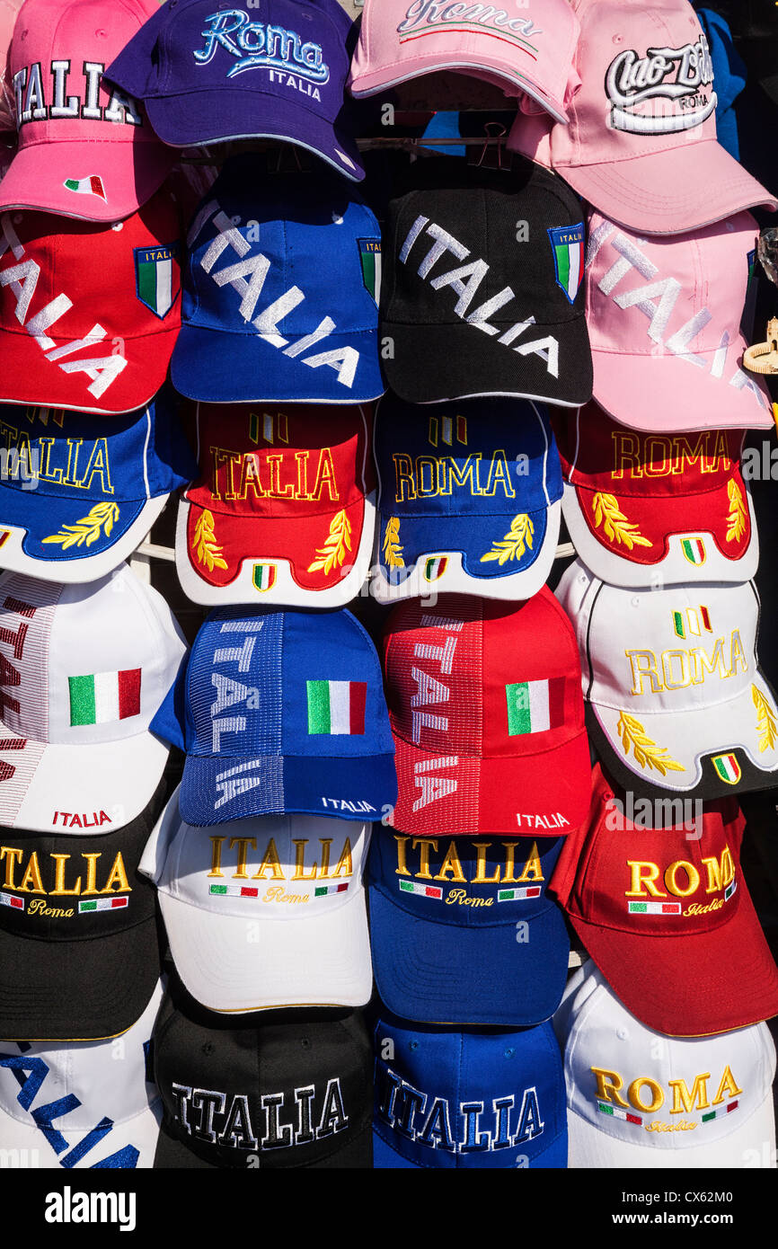 A selection of Rome and Italy baseball caps for sale. Stock Photo