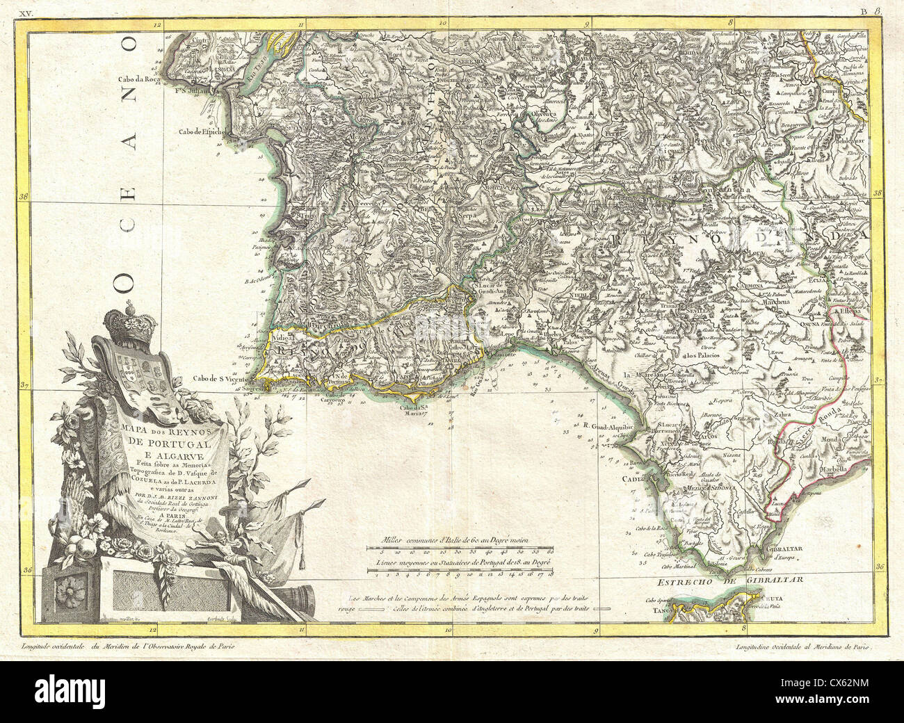 1775 Zannoni Map of Southern Portugal, the Algarve, and Seville Stock Photo