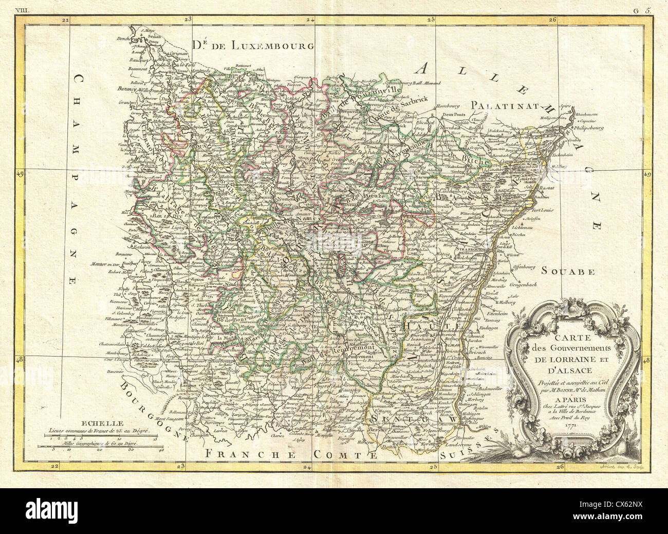 1771 Bonne Map Of Alsace And Lorraine France CX62NX 