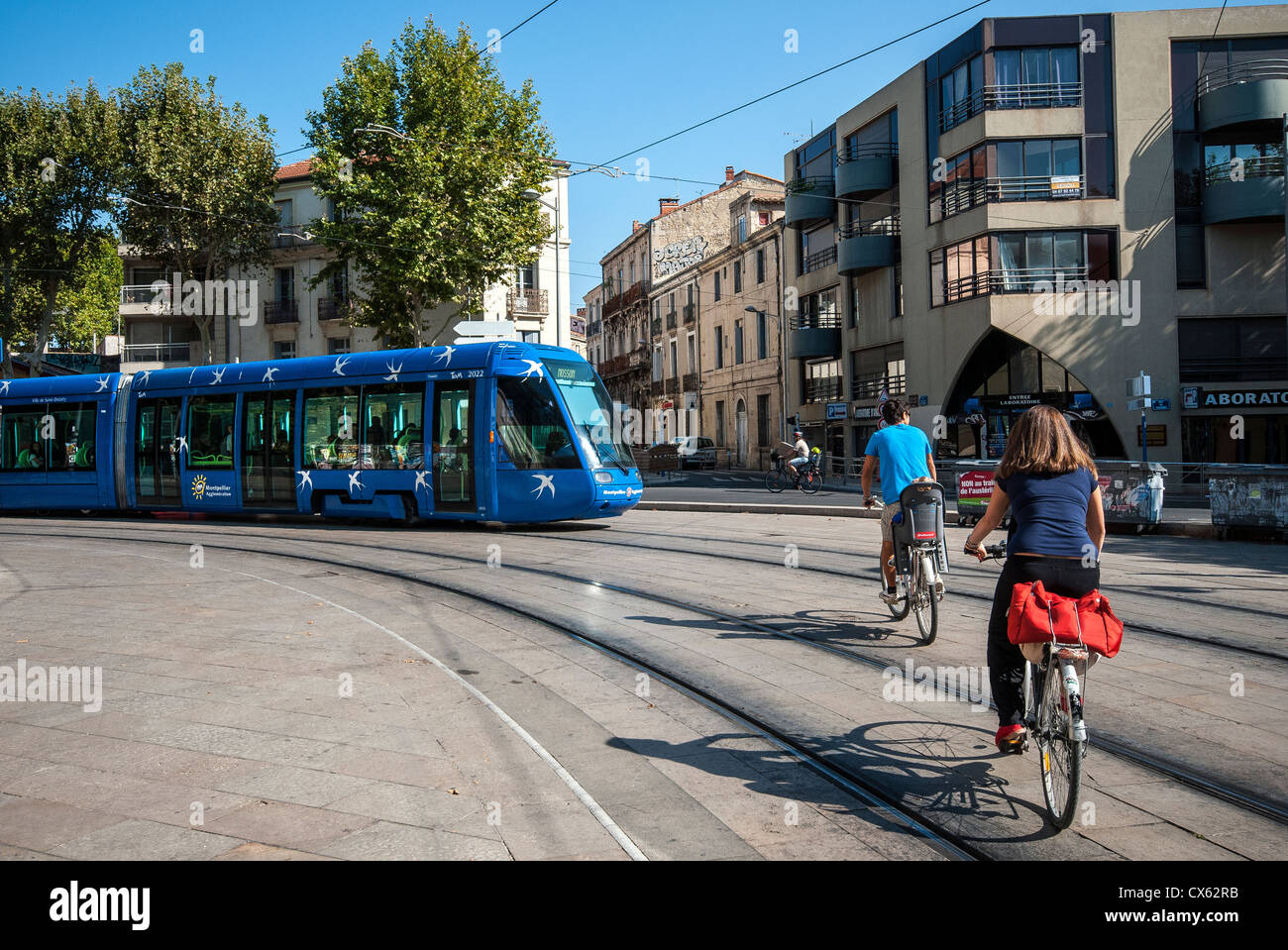 Modern tram in Montpellier operated by the Transports de l'agglomération de Montpellier TAM. Stock Photo