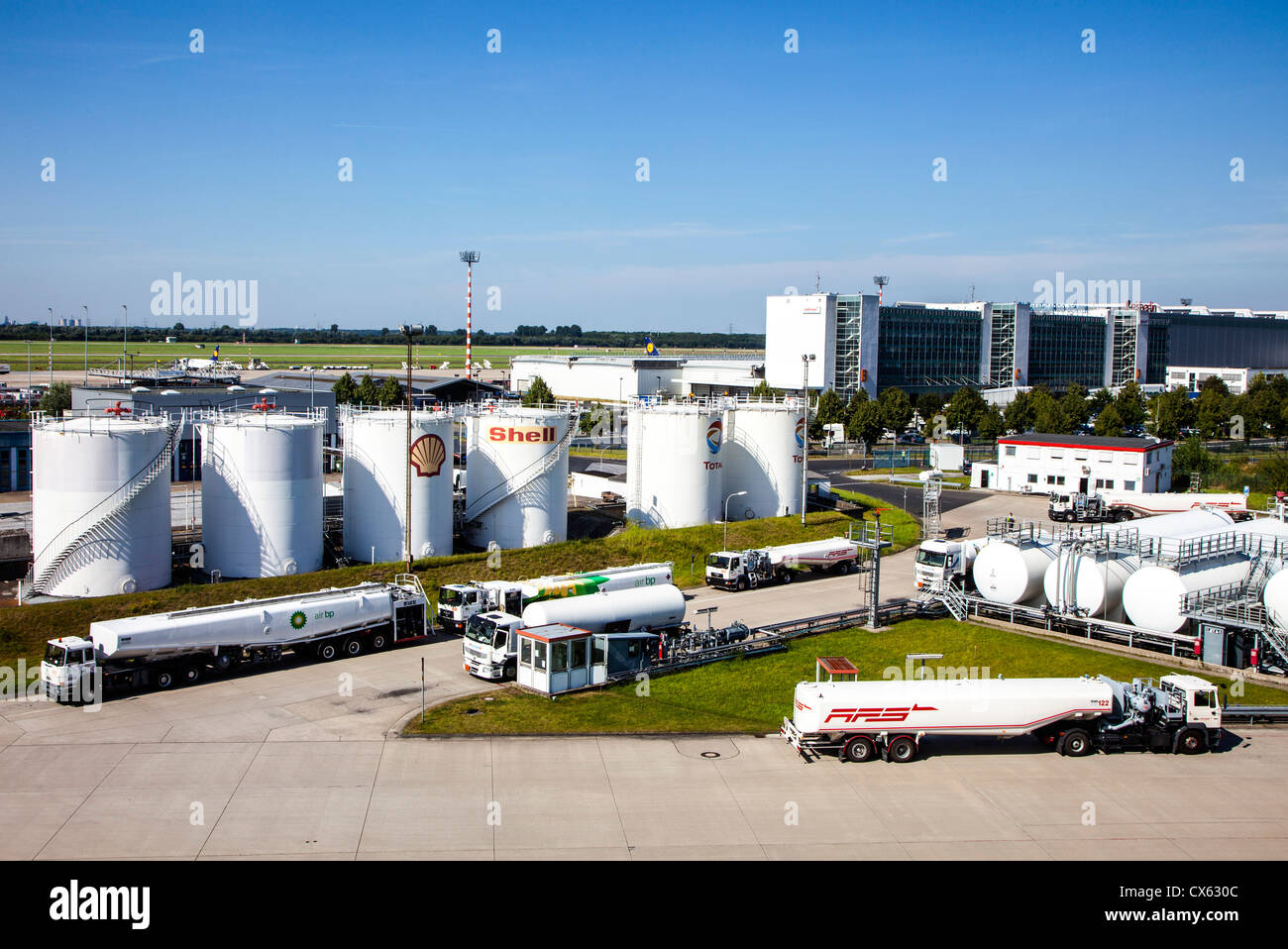 Düsseldorf International Airport. Tank farm, fuel depot, storage tanks. Aviation fuel. Stock Photo