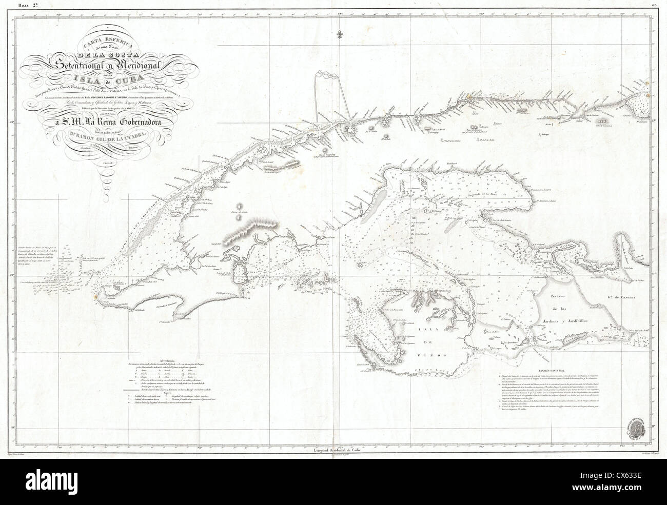 1854 Hidrografica Nautical Chart of Map of Cuba Stock Photo